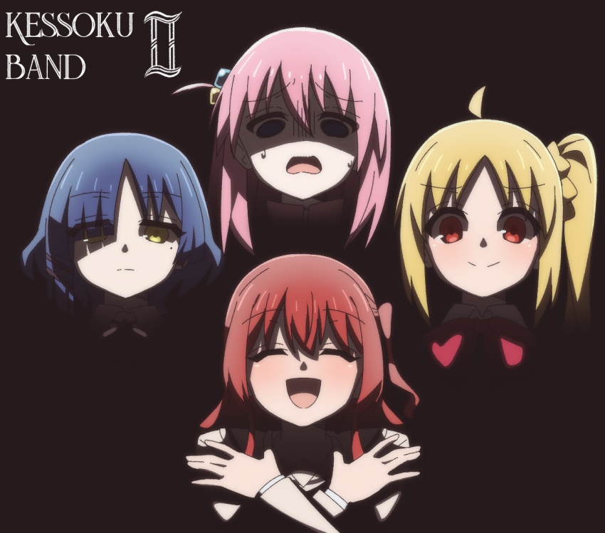 4girls ahoge album_cover black_background blonde_hair blue_hair bocchi_the_rock! bohemian_rhapsody bow bowtie caramelized_tomatoes closed_mouth commentary cover cropped_torso crossed_arms cube_hair_ornament facing_viewer gotoh_hitori hair_between_eyes hair_ornament ijichi_nijika kessoku_band kita_ikuyo long_hair looking_at_viewer mole mole_under_eye multiple_girls one_side_up open_mouth parody pink_hair queen_(band) red_bow red_bowtie red_eyes redhead shaded_face short_hair side_ponytail sidelocks simple_background smile split_mouth yamada_ryo yellow_eyes