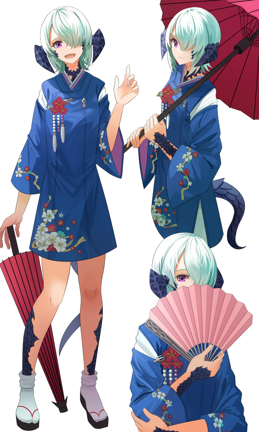 1girl au_ra blue_hair blue_kimono closed_mouth covering_own_mouth cropped_legs dragon_horns dragon_tail final_fantasy final_fantasy_xiv flat_chest full_body hair_between_eyes hair_over_one_eye hand_fan highres holding holding_fan holding_umbrella horns japanese_clothes kimono looking_at_viewer multiple_views oil-paper_umbrella ojiki okobo open_mouth sandals scales simple_background smile tail umbrella upper_body violet_eyes white_background wide_sleeves