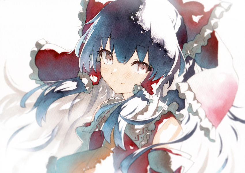 1girl ascot black_hair blending bow brown_eyes closed_mouth detached_sleeves frilled_bow frilled_hair_tubes frills hair_bow hair_tubes hakurei_reimu highres long_hair looking_at_viewer qqqrinkappp red_bow red_vest simple_background smile solo touhou upper_body vest white_background yellow_ascot