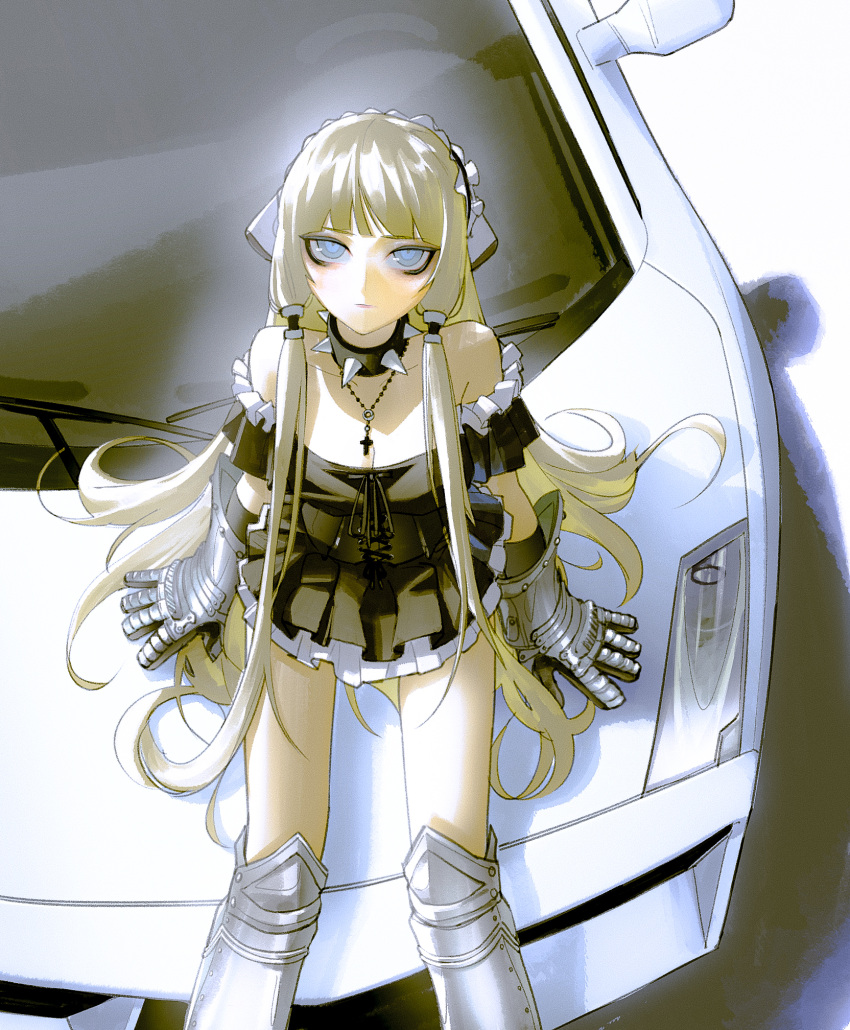 1girl bare_shoulders black_dress blonde_hair car chii chobits closed_mouth collar cross cross_necklace dress from_above gauntlets highres jewelry lamborghini lamborghini_gallardo long_hair motor_vehicle necklace off-shoulder_dress off_shoulder sitting solo spiked_collar spikes vinne