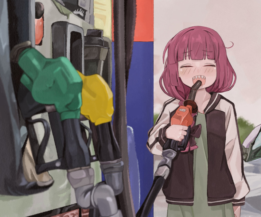 1girl ahoge bocchi_the_rock! braid closed_eyes commentary dress drinking_gasoline gas_pump gas_pump_nozzle gas_station gasoline green_dress hair_over_shoulder highres hiroi_kikuri jacket low-braided_long_hair multicolored_clothes multicolored_jacket naaga_sonomono open_mouth outdoors purple_hair sharp_teeth single_braid solo teeth two-tone_jacket