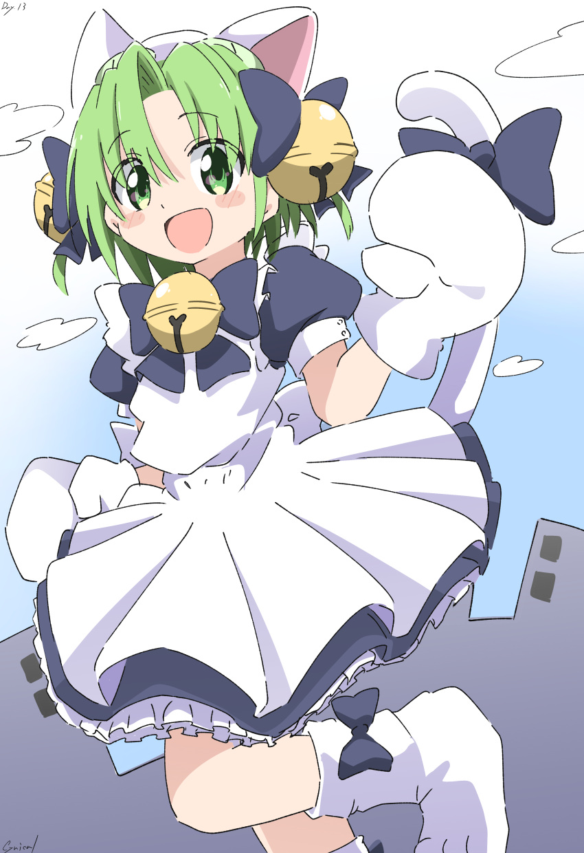 1girl absurdres animal_ears animal_hat apron bell bow building cat_ears cat_girl cat_hat cat_tail clouds cynical_(llcbluckg_c004) day dejiko di_gi_charat dress frills green_eyes green_hair grey_bow grey_dress hair_bell hair_ornament hand_up hat highres jingle_bell looking_at_viewer mittens neck_bell open_mouth outdoors paw_shoes puffy_short_sleeves puffy_sleeves short_sleeves signature smile solo standing standing_on_one_leg tail tail_bow tail_ornament white_apron white_footwear white_headwear white_mittens