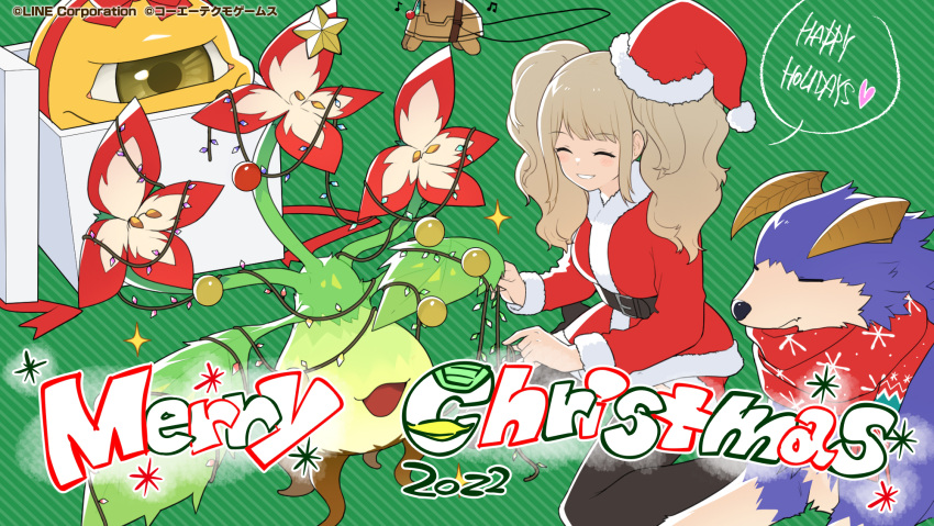 belt christmas closed_eyes hat highres horns line:_monster_farm long_hair looking_at_another monster_(monster_farm) monster_farm official_art piishi plant_(monster_farm) rygar_(monster_farm) scarf smile suezo teeth twintails