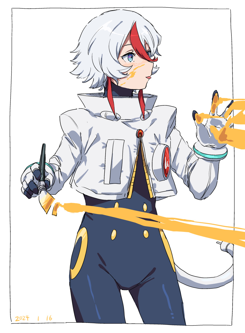 1boy :p absurdres black_bodysuit blue_eyes bodysuit highres holding holding_paintbrush jacket long_sleeves looking_to_the_side multicolored_hair paintbrush redhead shy_(series) smile solo takatisakana tongue tongue_out two-tone_hair white_background white_hair white_jacket yellow_bodysuit