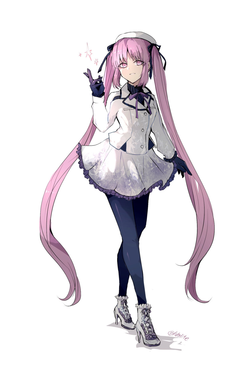 1girl absurdly_long_hair absurdres alternate_costume arm_at_side artist_name beret black_gloves black_leggings black_ribbon black_shirt crossed_legs fate/hollow_ataraxia fate_(series) frilled_footwear frilled_skirt frilled_sleeves frills full_body gloves grin hair_ribbon hand_up hat high_heels highres jacket leggings long_hair long_sleeves looking_at_viewer neck_ribbon purple_ribbon ribbon shirt simple_background skirt smile snapping_fingers sodamachi solo sparkle stheno_(fate) twintails twitter_username very_long_hair violet_eyes watson_cross white_background white_footwear white_headwear white_jacket white_skirt