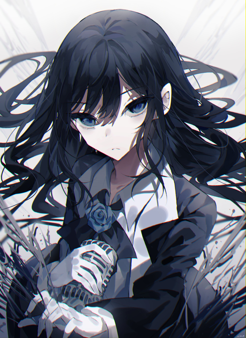 1girl absurdres ado_(utaite) black_bow black_bowtie black_coat black_hair blue_eyes blue_flower blue_rose bow bowtie chando_(ado) chromatic_aberration cloud_nine_inc coat collarbone collared_shirt commentary dress_shirt floating_hair flower flower_brooch gloves hair_between_eyes highres holding holding_microphone long_sleeves looking_at_viewer microphone open_clothes open_coat parted_lips rose shadow shirt sidelocks solo sweat umemaro_(siona0908) upper_body utaite white_gloves white_shirt