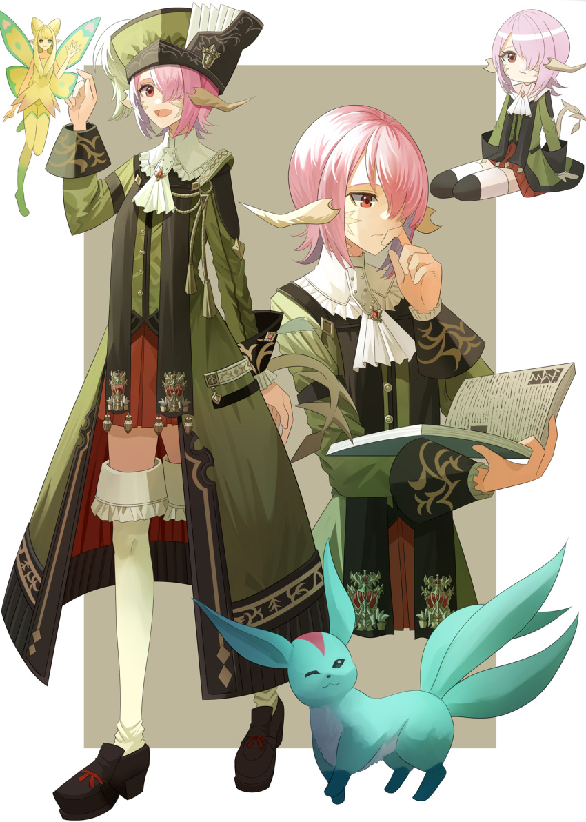 1girl ascot au_ra black_footwear blinking book boots capelet carbuncle_(final_fantasy) chibi coat_of_arms cropped_torso dragon_horns dragon_tail eos_(ff14) final_fantasy final_fantasy_xiv finger_to_own_chin flat_chest frown gloves green_headwear green_robe hair_over_one_eye highres holding holding_book horns looking_at_viewer multiple_views ojiki pink_hair platform_boots platform_footwear reading red_eyes red_skirt robe scales scholar_(final_fantasy) short_hair skirt smile tail thigh-highs warrior_of_light_(ff14) waving white_ascot white_capelet white_gloves white_thighhighs