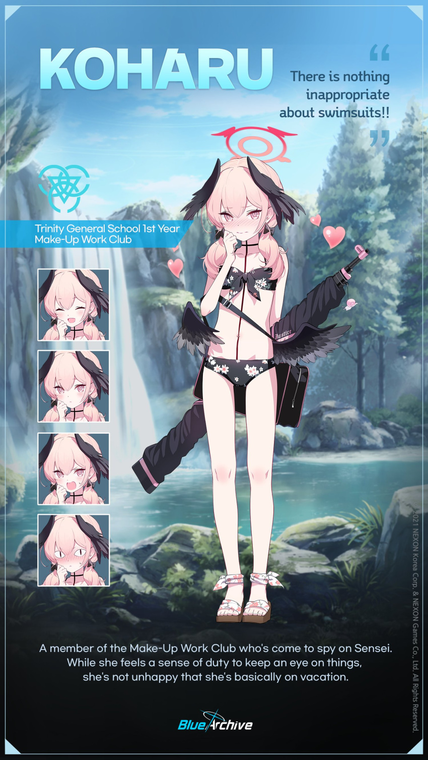 &lt;|&gt;_&lt;|&gt; absurdres bikini black_wings blue_archive doremi english_commentary english_text expressions floral_print front-tie_bikini_top front-tie_top halo happy head_wings heart highres koharu_(blue_archive) koharu_(swimsuit)_(blue_archive) low_wings official_alternate_costume official_art pink_hair pink_halo print_bikini red_halo swimsuit wings