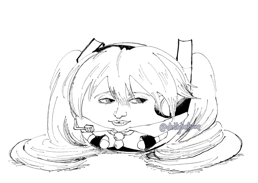 1girl artist_name chibi closed_mouth commentary english_commentary full_body greyscale hatsune_miku headset highres lips long_hair looking_to_the_side monochrome odakuram realistic sideways_glance simple_background solo vocaloid watermark what white_background