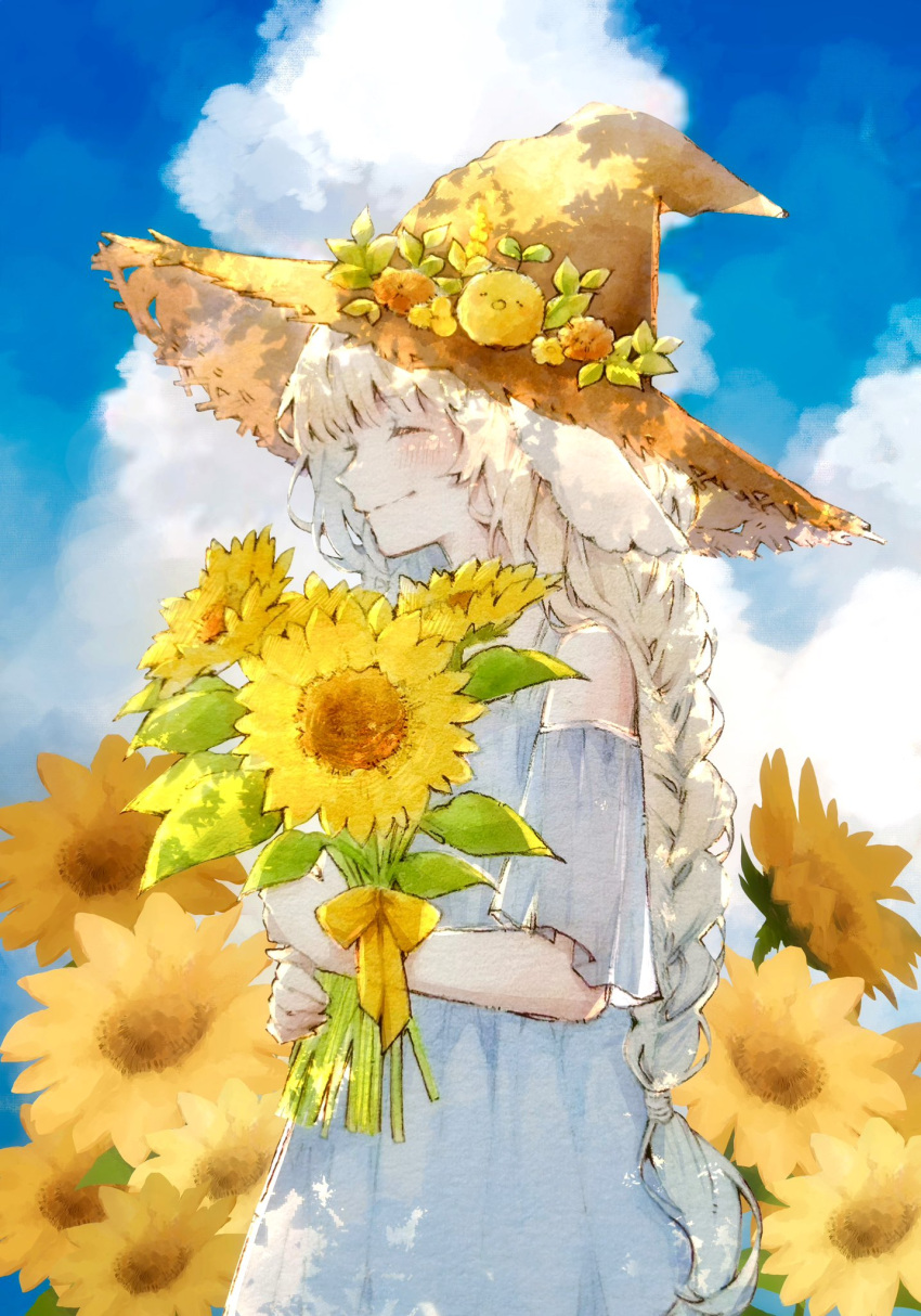animal_ears bare_shoulders bird bouquet bow braid chick closed_eyes closed_mouth clouds commentary dappled_sunlight day dress english_commentary facing_ahead floral_background flower from_side grey_dress hat hat_flower highres holding holding_bouquet holding_flower k0130_anna long_hair nature original profile short_sleeves single_braid sky smile sundress sunflower sunlight upper_body very_long_hair white_hair witch_hat yellow_bow yellow_flower yellow_theme