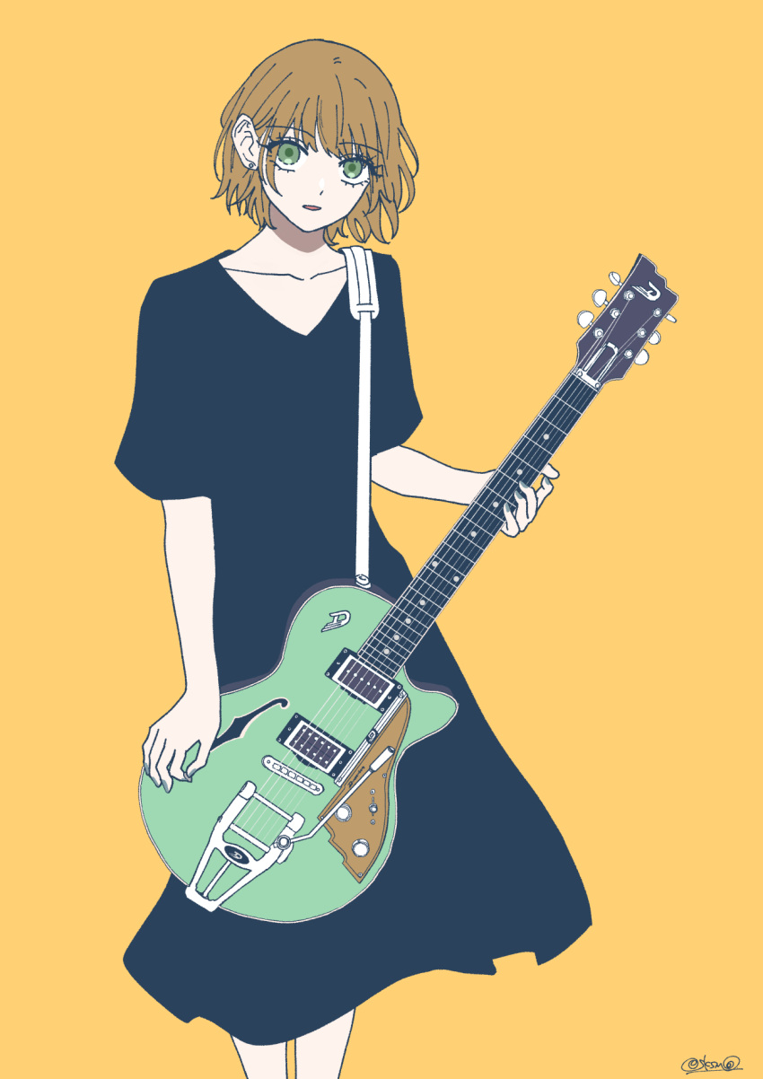 1girl black_dress brown_hair collarbone commentary_request dress earrings green_eyes guitar highres holding holding_guitar holding_instrument instrument jewelry looking_at_viewer original parted_lips sakashima_0822 short_hair short_sleeves signature simple_background solo stud_earrings yellow_background