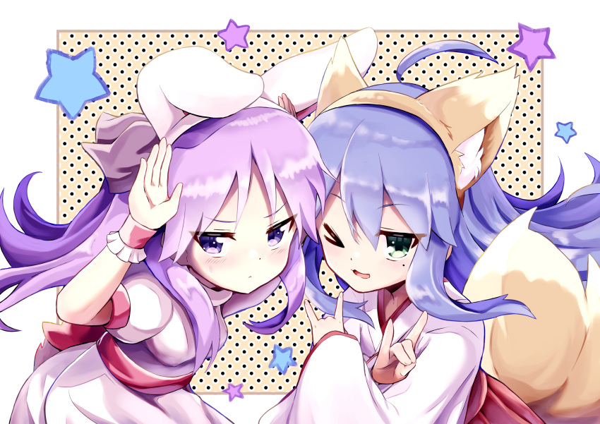 &gt;_o 2girls :3 absurdres ahoge alternate_costume animal_ear_fluff animal_ears arms_up blue_hair blush border closed_mouth commentary_request crossed_arms double_fox_shadow_puppet fake_animal_ears fox_ears fox_shadow_puppet fox_tail frown green_eyes hair_between_eyes hakama highres hiiragi_kagami izumi_konata japanese_clothes jitome kimono long_hair looking_at_viewer lucky_star miko mole mole_under_eye multiple_girls one_eye_closed open_mouth polka_dot polka_dot_background puffy_short_sleeves puffy_sleeves purple_hair rabbit_ears rabbit_pose red_hakama shira_461 shirt short_sleeves sidelocks simple_background skirt smile star_(symbol) tail tsurime violet_eyes white_border white_kimono white_shirt white_skirt yellow_background