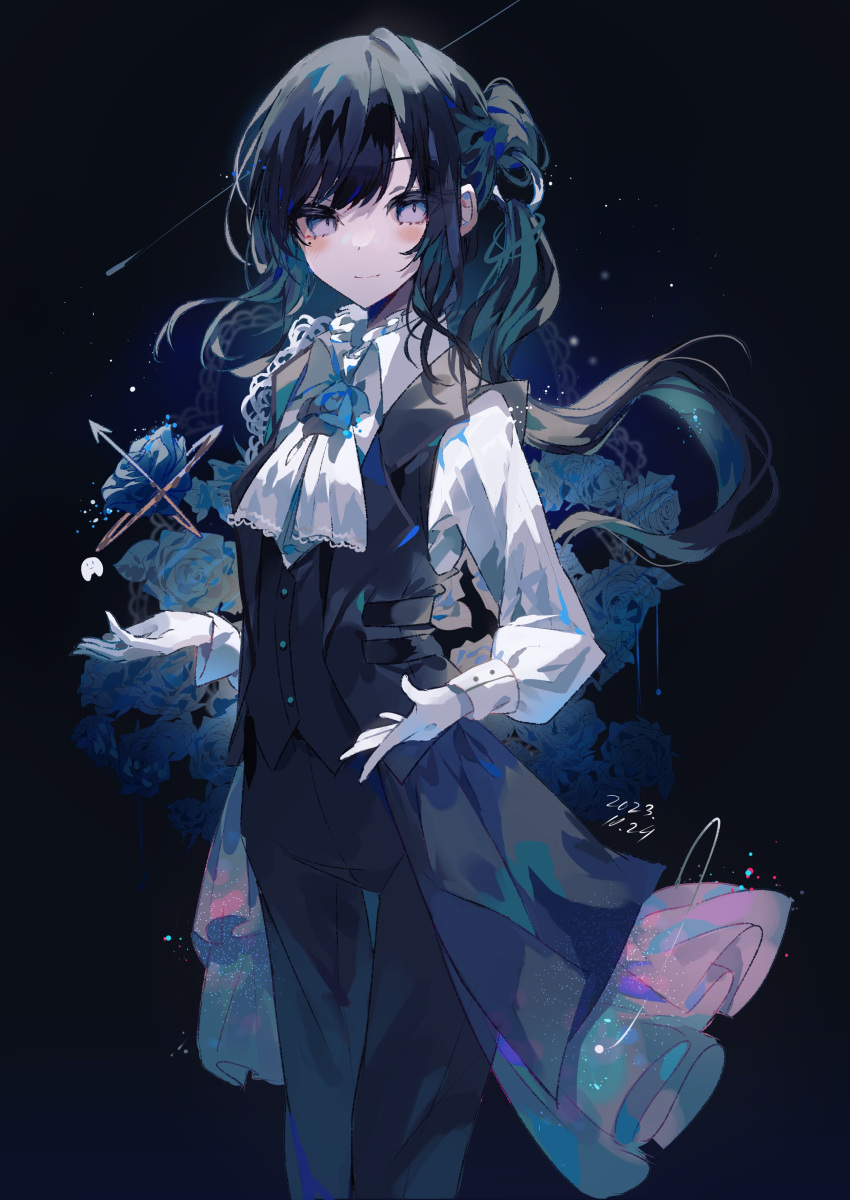 1girl absurdres ado_(utaite) ascot black_hair black_pants black_vest blue_background blue_eyes blue_flower blue_hair blue_rose blue_skirt blush chando_(ado) closed_mouth cloud_nine_inc collared_shirt commentary_request dated dress_shirt floating_hair flower flower_brooch highres light_brown_hair long_hair long_sleeves looking_at_viewer mole mole_under_eye multicolored_hair pants ponytail rose shirt showgirl_skirt skirt solo two-tone_hair umemaro_(siona0908) utaite vest white_ascot white_shirt