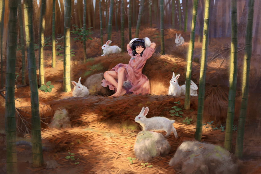 1girl animal_ears arms_behind_head bamboo bamboo_forest black_hair bloomers carrot_necklace closed_eyes commentary_request dress forest full_body highres inaba_tewi jewelry nature necklace outdoors pink_dress rabbit rabbit_ears rabbit_girl satellitedragon short_hair short_sleeves touhou
