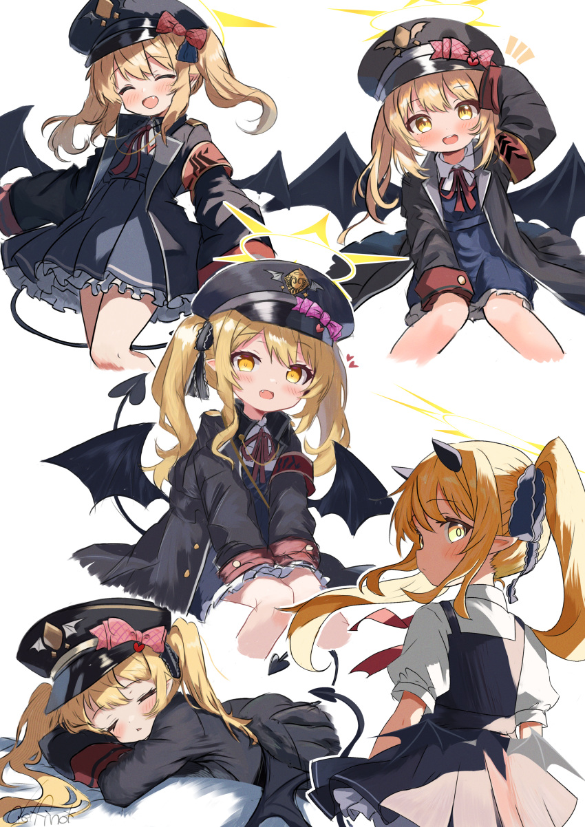 1girl absurdres black_dress black_headwear black_horns black_tail black_wings blonde_hair blue_archive blush closed_eyes collared_shirt commentary_request delfino demon_horns demon_tail demon_wings dress fang frilled_dress frills halo hat highres horns ibuki_(blue_archive) long_hair looking_at_viewer multiple_views peaked_cap pinafore_dress pointy_ears shirt short_sleeves side_ponytail simple_background sleeveless sleeveless_dress sleeves_past_fingers sleeves_past_wrists tail white_background white_shirt wings yellow_eyes yellow_halo