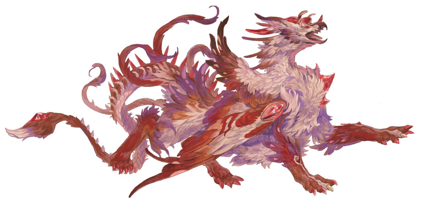 animal_focus aokarasu_punko beak claws commentary commission feathered_wings from_side full_body fur-tipped_tail gem highres horns looking_at_viewer monster multicolored_nails multiple_wings no_humans open_mouth original red_eyes red_gemstone red_horns simple_background skeb_commission slit_pupils solo spikes tail white_background wings