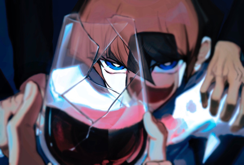 alcohol black_shirt blue_eyes blurry bright_pupils brown_hair character_counter_request chinese_commentary commentary_request cup dark_skin depth_of_field drinking_glass glaring hand_on_another's_shoulder hand_up highres holding holding_cup kaiba_seto long_sleeves male_focus red_wine serious shadow shirt short_hair solo_focus tt_(joesther3) upper_body wine wine_glass yu-gi-oh! yu-gi-oh!_duel_monsters