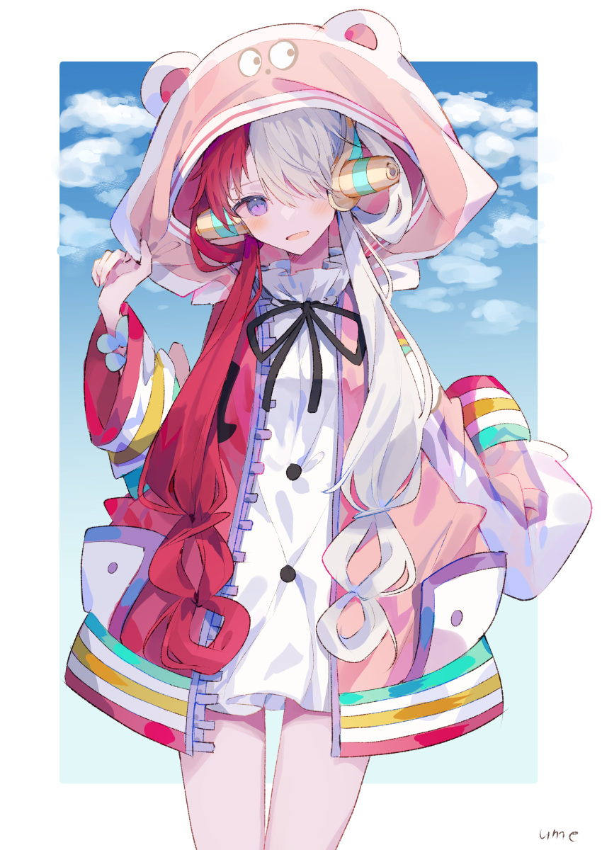 1girl absurdres artist_name black_ribbon blush border clouds commentary_request cowboy_shot dress hair_over_one_eye hair_rings headphones highres hood hood_up hooded_jacket jacket long_hair long_sleeves looking_at_viewer multicolored_hair neck_ribbon one_piece one_piece_film:_red open_clothes open_jacket open_mouth outside_border pink_jacket redhead ribbon sky solo split-color_hair two-tone_hair umemaro_(siona0908) uta_(one_piece) violet_eyes white_border white_dress white_hair