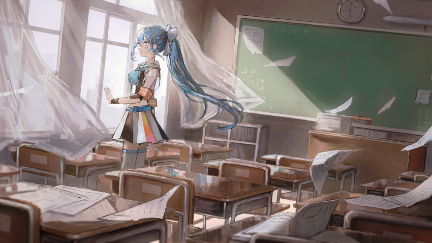 1girl android barcode barcode_tattoo belt blue_belt blue_hair blue_neckerchief bookshelf bow chair chalkboard classroom clock closed_mouth commission curtains day desk flying_paper hair_bow highres kumagai_yuka light_particles long_hair multicolored_clothes multicolored_skirt neckerchief original paper pleated_skirt ponytail reflective_surface sailor_collar school_chair school_desk see-through see-through_sleeves short_sleeves skirt smile solo tattoo thigh-highs virtual_youtuber white_bow white_sailor_collar white_thighhighs wind window yellow_eyes