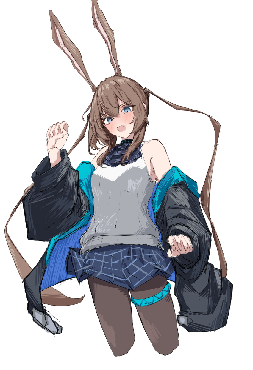 1girl absurdres amiya_(arknights) animal_ears arknights armpit_crease ascot bare_shoulders black_collar black_jacket blue_ascot blue_eyes blue_skirt blush breasts brown_hair brown_pantyhose collar commentary cowboy_shot cropped_legs fang floating_hair flustered hair_between_eyes hand_up highres infection_monitor_(arknights) jacket long_hair long_sleeves looking_at_viewer medium_breasts miniskirt off_shoulder open_clothes open_jacket open_mouth pantyhose plaid plaid_skirt puffy_long_sleeves puffy_sleeves rabbit_ears rabbit_girl ribbed_sweater shadow sidelocks simple_background skirt sleeveless sleeveless_sweater solo standing sweater thighlet tobildesu twintails two-sided_fabric two-sided_jacket very_long_hair white_background white_sweater wide_sleeves