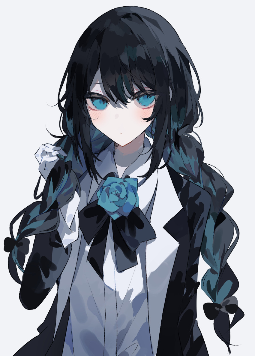 1girl absurdres ado_(utaite) alternate_hairstyle black_bow black_bowtie black_coat black_hair blue_eyes blue_flower blue_hair blue_rose blush bow bowtie braid chando_(ado) closed_mouth cloud_nine_inc coat collared_shirt colored_inner_hair commentary dress_shirt flower flower_brooch gloves hair_between_eyes hair_bow highres long_hair long_sleeves looking_at_viewer low_twin_braids mole mole_under_eye multicolored_hair open_clothes open_coat rose shadow shirt simple_background solo twin_braids twintails two-tone_hair umemaro_(siona0908) upper_body utaite white_background white_gloves white_shirt