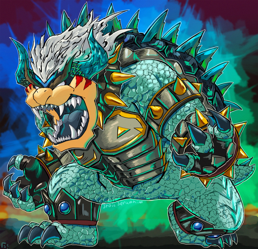 absurdres alternate_color alternate_costume alternate_eye_color alternate_hair_color angry armlet armor aura blue_gemstone bowser claws commentary company_connection corruption crescent crossover dark_persona english_commentary facial_tattoo fang fangs fierce_deity fingerless_gloves gem gloves glowing gold highres horns looking_to_the_side medium_hair nintendo no_pupils open_mouth outstretched_arms possessed roaring scales sharp_teeth spiked_armlet spiked_shell spiked_tail spikes standing stoic_seraphim super_mario_bros. super_mario_bros._1 super_smash_bros. tail tattoo teeth the_legend_of_zelda the_legend_of_zelda:_majora's_mask tongue triangle white_eyes white_hair wrist_guards