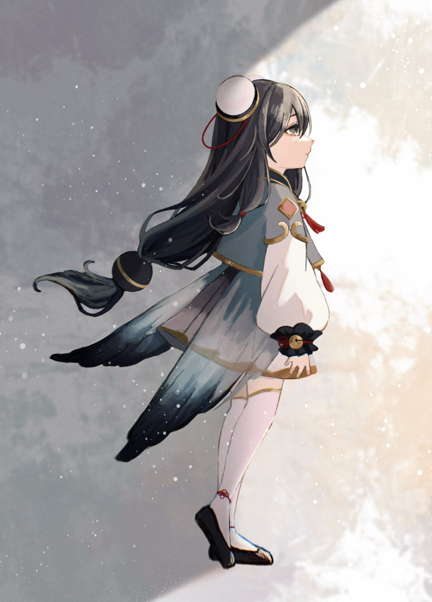 1girl basilian_31 black_footwear black_hair bun_cover commentary_request from_side full_body genshin_impact grey_eyes grey_vest highres long_hair long_sleeves profile shenhe_(genshin_impact) shenhe_(young)_(genshin_impact) shoes solo standing thigh-highs very_long_hair vest white_thighhighs