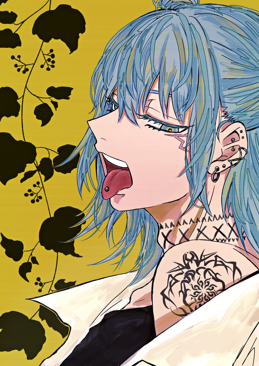 1boy absurdres arm_tattoo black_shirt blue_eyes blue_hair ear_piercing earrings from_side half-closed_eyes highres ivy jewelry jujutsu_kaisen kashimo_hajime lightning_bolt_symbol looking_down neck_tattoo open_mouth piercing profile shirt simple_background single_off_shoulder solo tattoo teeth tongue tongue_out tongue_piercing tsuji_ko00 twintails upper_teeth_only
