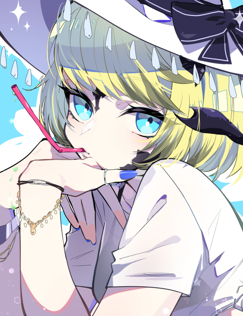 1girl au_ra bikini black_bikini blonde_hair blue_eyes bracelet breasts commission dragon_horn drinking_straw drinking_straw_in_mouth eyebrows_hidden_by_hair final_fantasy final_fantasy_xiv from_side hat hat_ribbon highres jewelry looking_at_viewer nail_polish nekoma_hikaru pixiv_commission ribbon ring scales see-through see-through_shirt shirt small_breasts solo sparkle sun_hat swimsuit upper_body white_headwear white_shirt