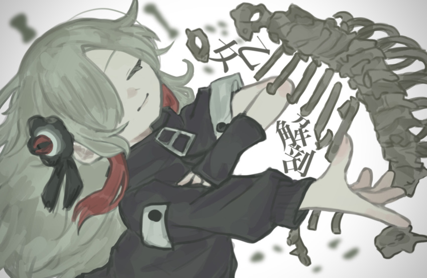 1girl artistic_error asymmetrical_sleeves black_coat black_flower black_gloves blurry blurry_background bone coat commentary faoru_ofuton fingerless_gloves flower gloves grey_hair hair_flower hair_ornament hair_over_one_eye hand_on_own_chest head_back high_collar highres isekai_joucho kamitsubaki_studio long_hair long_sleeves multicolored_hair one_eye_covered otome_kaibou_(vocaloid) outstretched_arm redhead ribs single_fingerless_glove single_glove skeleton smile solo song_name streaked_hair uneven_sleeves upper_body vignetting virtual_youtuber white_background zipper_pull_tab