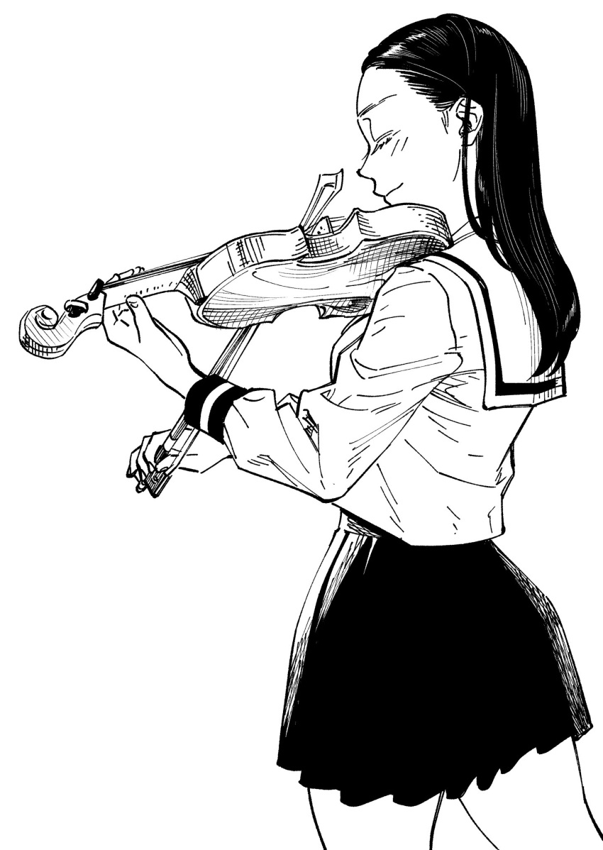1girl blush closed_eyes closed_mouth commentary_request cowboy_shot facing_ahead greyscale hair_behind_ear highres holding holding_instrument holding_violin instrument long_hair long_sleeves mada_tetsukazu miniskirt monochrome music original playing_instrument pleated_skirt profile school_uniform serafuku simple_background skirt smile violin