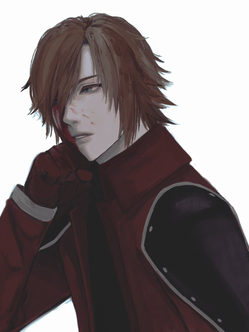 armor black_shirt blood blood_from_eyes blood_on_face blue_eyes brown_hair clenched_hand coat crisis_core_final_fantasy_vii d8j0j elbow_rest expressionless final_fantasy final_fantasy_vii genesis_rhapsodos gloves hair_over_one_eye hand_on_own_chin head_on_hand high_collar highres injury looking_to_the_side parted_lips pauldrons red_coat red_gloves shirt short_hair shoulder_armor white_background