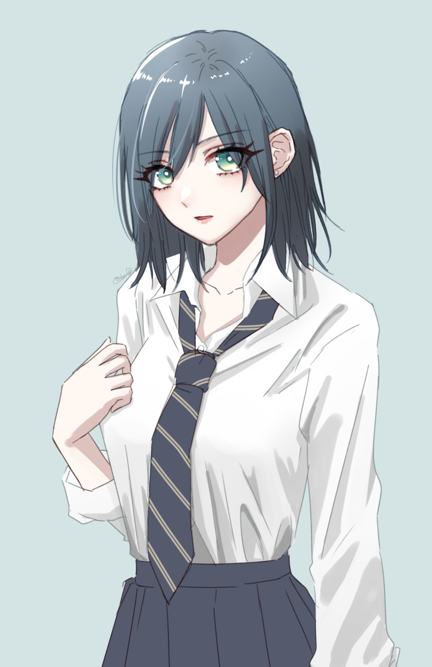 1girl blue_necktie blue_skirt breasts collarbone collared_shirt commentary_request cowboy_shot dress_shirt earrings green_eyes grey_background grey_hair hair_between_eyes hand_up highres jewelry long_sleeves looking_at_viewer medium_breasts medium_hair necktie original parted_lips pleated_skirt sakashima_0822 school_uniform shirt signature simple_background skirt solo stud_earrings white_shirt