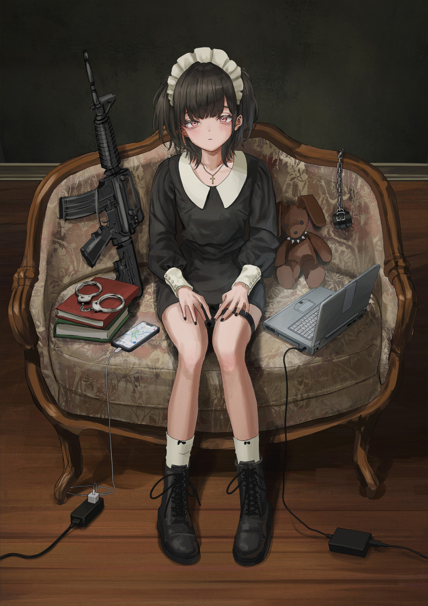 1girl absurdres assault_rifle black_hair black_nails black_shirt black_shorts book book_stack cable cellphone charger computer cuffs expressionless google_maps gothic_lolita gun handcuffs highres laptop lolita_fashion looking_at_viewer m4_carbine nadegata original phone rifle shirt short_hair shorts smartphone solo stuffed_animal stuffed_toy teddy_bear weapon wire