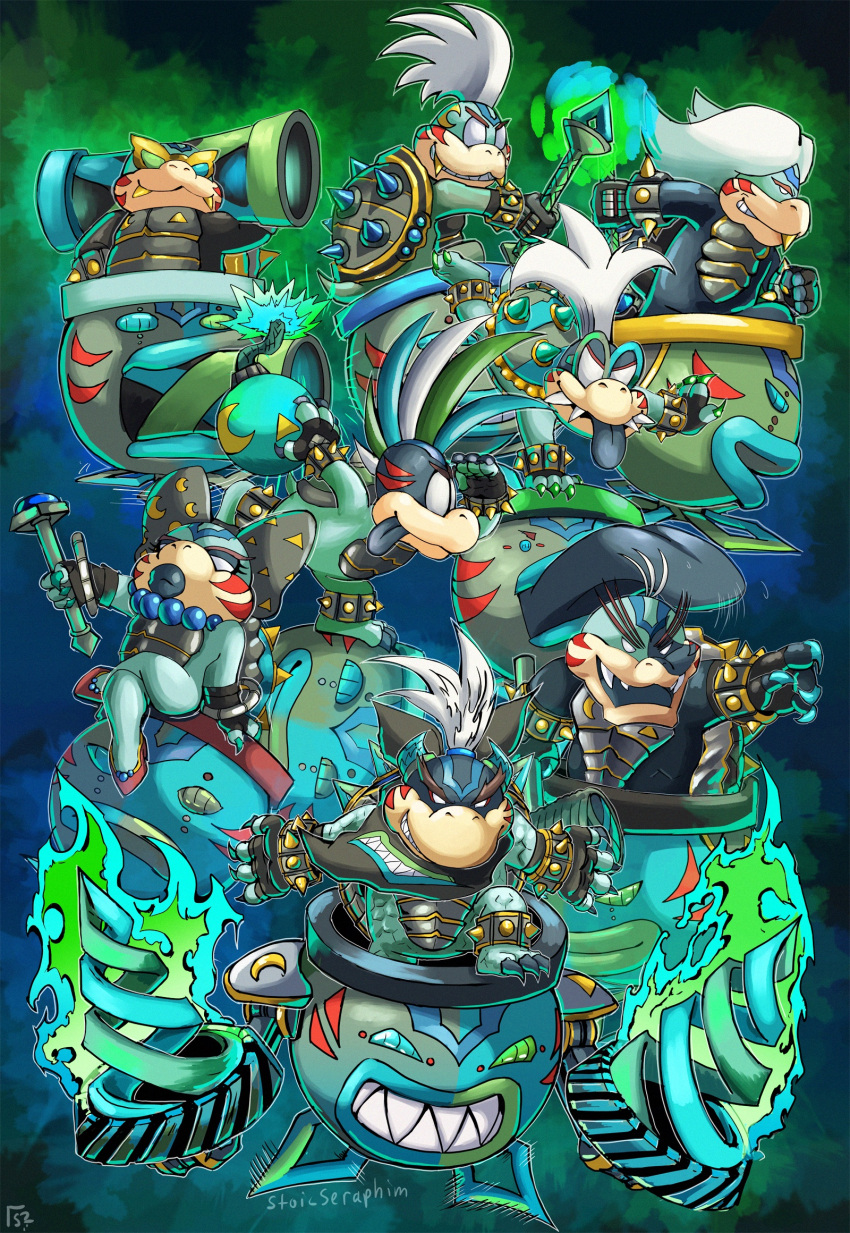 alternate_color alternate_costume alternate_eye_color alternate_hair_color armor aura bandana black_bandana black_eyeshadow black_gloves black_lips black_neckerchief blue_eyes blue_gemstone blue_hair bomb bow bowser_jr. bracelet claws commentary company_connection corruption crescent crossed_legs crossover dark_persona drill english_commentary evil_grin evil_smile explosive eyeshadow facial_tattoo fierce_deity fingerless_gloves fire floating frown fuse gem gloves glowing glowing_weapon gold gold_teeth green_eyes green_hair grin hair_bow hammer hand_on_own_hip handstand highres holding holding_bomb holding_hammer holding_rocket_launcher holding_wand holding_weapon horns iggy_koopa jewelry junior_clown_car koopa_clown_car koopalings larry_koopa lemmy_koopa lipstick lit_fuse long_tongue looking_at_viewer looking_to_the_side ludwig_von_koopa makeup medium_hair mismatched_sclera morton_koopa_jr. multicolored_hair multiple_persona neckerchief necklace nintendo no_pupils no_shoes one_arm_handstand open_mouth outstretched_arm outstretched_arms pointing ponytail possessed rocket_launcher roy_koopa sharp_teeth shoes short_hair sitting smile spiked_shell spikes spiky_hair standing standing_on_one_leg stoic_seraphim sunglasses super_mario_bros. super_mario_bros._3 super_mario_sunshine super_smash_bros. tail tattoo teeth the_legend_of_zelda the_legend_of_zelda:_majora's_mask tongue tongue_out triangle wand weapon wendy_o._koopa white_eyes white_hair wrist_guards x_mark