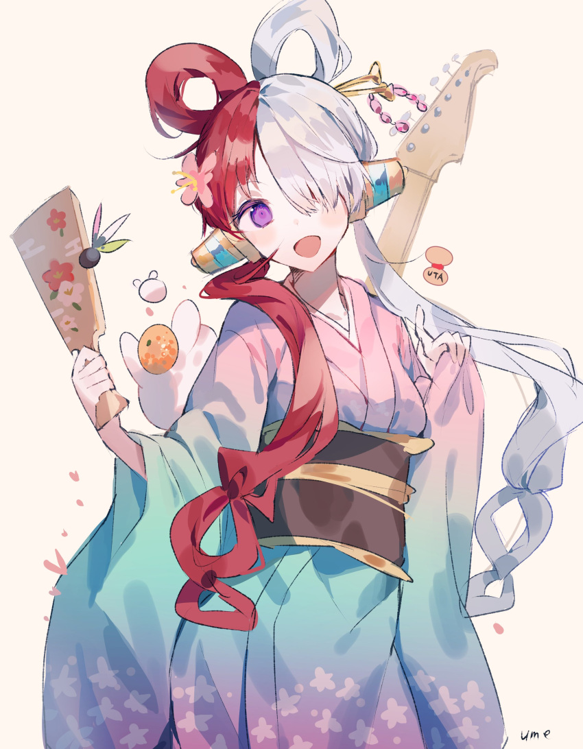 1girl absurdres artist_name blue_kimono blush character_name cowboy_shot egasumi flower food fruit furisode gradient_kimono hair_flower hair_ornament hair_over_one_eye hair_rings hairpin hand_up headphones highres instrument japanese_clothes kimono long_hair looking_at_viewer mandarin_orange multicolored_hair one_piece one_piece_film:_red open_mouth pink_kimono redhead simple_background solo split-color_hair two-tone_hair umemaro_(siona0908) uta_(one_piece) violet_eyes white_background white_hair