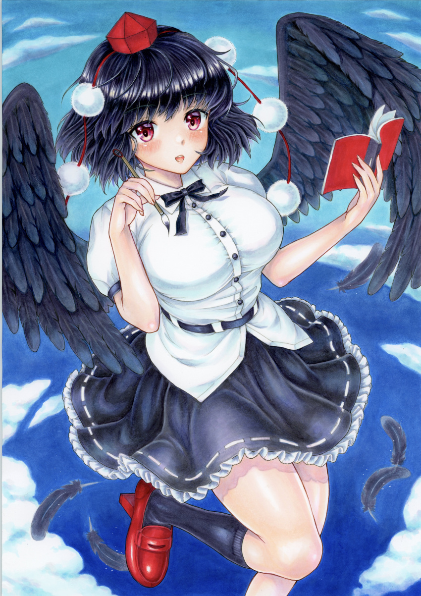 1girl absurdres black_feathers black_hair black_skirt black_socks black_wings blue_background blush breasts buttons collared_shirt dress_shirt feathered_wings feathers foot_out_of_frame frilled_skirt frills geta hat highres holding holding_calligraphy_brush holding_notebook kneehighs large_breasts looking_at_viewer marker_(medium) medium_hair mikeko_(user_zntg7852) notebook open_mouth outdoors pom_pom_(clothes) puffy_short_sleeves puffy_sleeves red_eyes red_footwear red_headwear shameimaru_aya shirt short_sleeves simple_background skirt socks solo tokin_hat touhou traditional_media white_shirt wings