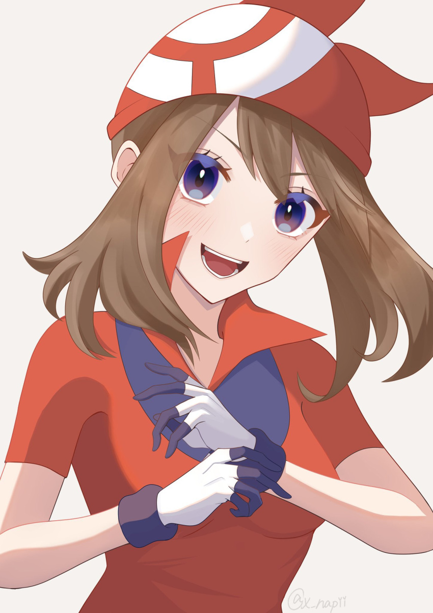 1girl adjusting_clothes adjusting_gloves bandana blue_eyes blush brown_hair collared_shirt gloves head_tilt highres looking_at_viewer may_(pokemon) open_mouth out_of_frame pokemon pokemon_rse red_headwear red_shirt shirt simple_background smile solo twitter_username upper_body x_napii