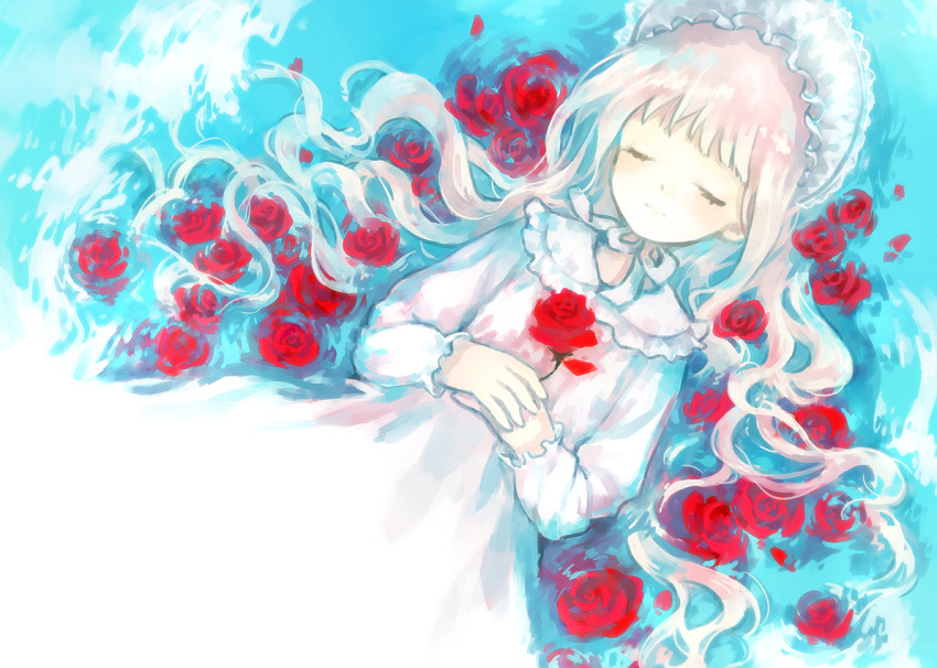 1girl bed_of_roses bow bowtie closed_eyes closed_mouth dress facing_up facing_viewer flower frilled_sleeves frills headdress holding holding_flower long_hair long_sleeves lying lying_on_water moekon on_back original painterly red_flower red_rose rose sidelocks solo white_bow white_bowtie white_dress white_hair white_headdress
