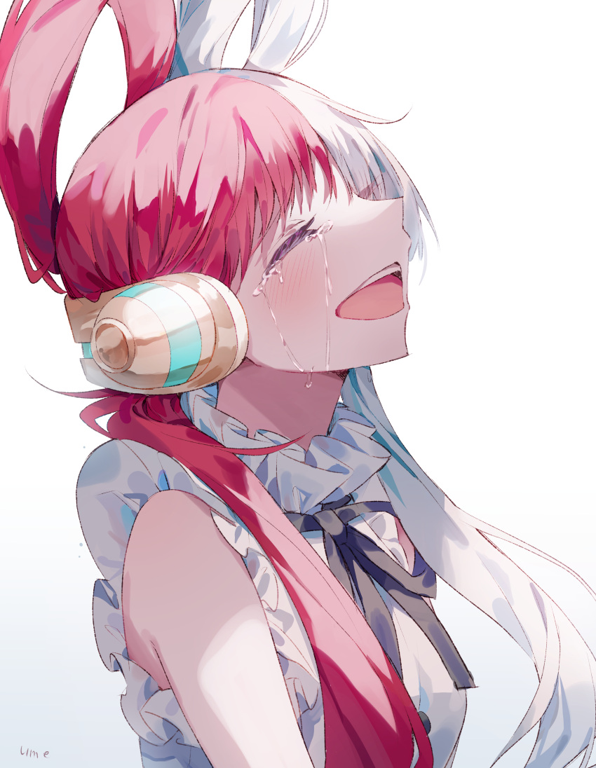 1girl absurdres artist_name behind-the-head_headphones black_ribbon blush closed_eyes commentary_request crying dress gradient_background grey_background hair_rings headphones highres long_hair multicolored_hair neck_ribbon one_piece one_piece_film:_red open_mouth redhead ribbon simple_background sleeveless sleeveless_dress solo split-color_hair streaming_tears tears teeth two-tone_hair umemaro_(siona0908) upper_body upper_teeth_only uta_(one_piece) white_background white_dress white_hair
