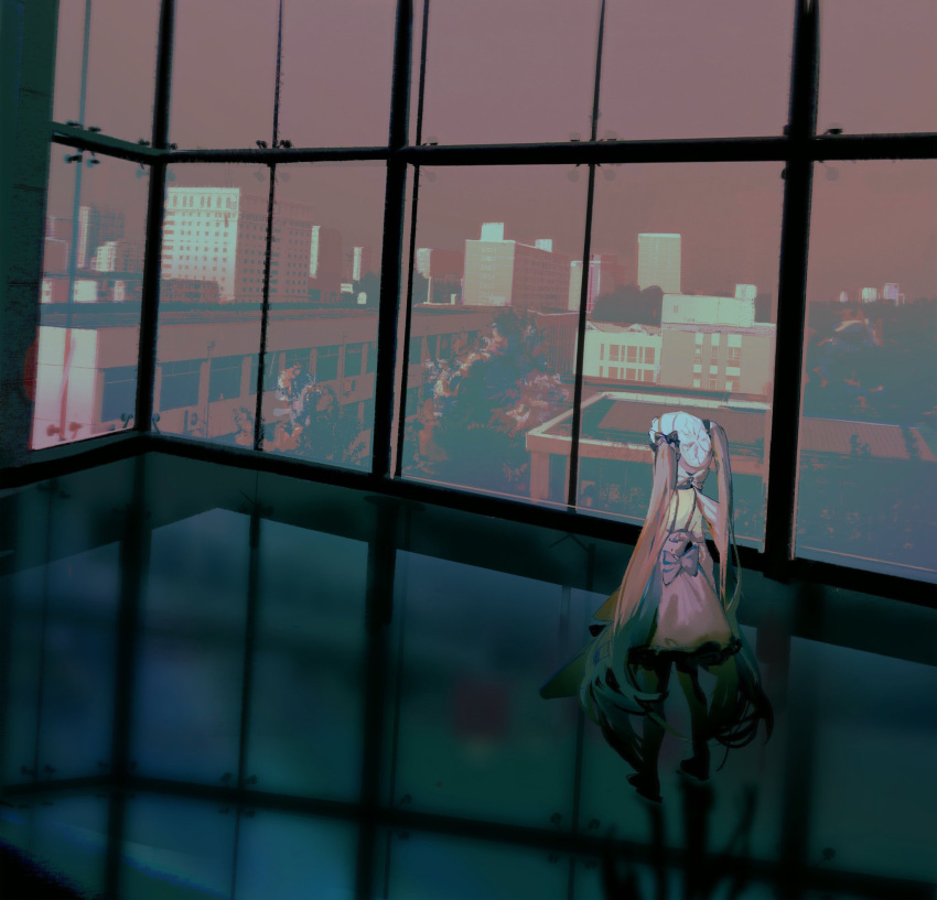 1girl back_bow bare_arms black_bow black_footwear blue_hair bow bow_choker cityscape dress frilled_dress frills from_behind full_body hair_bow hatsune_miku highres indoors lobelia_(saclia) long_hair reflective_floor shoes short_dress sleeveless sleeveless_dress solo spaghetti_strap sunset twintails very_long_hair vocaloid white_bow white_dress