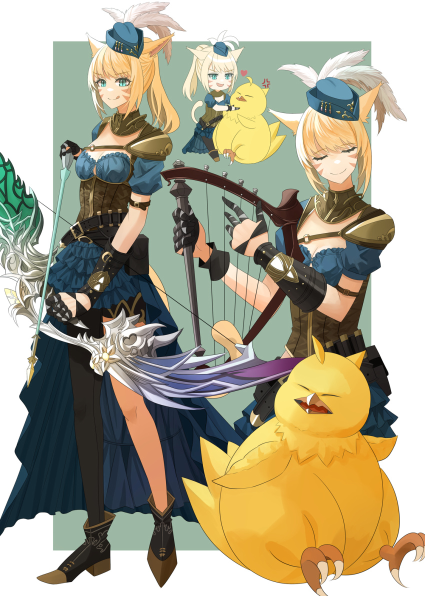 1girl anger_vein animal_ears animal_hug asymmetrical_legwear bard_(final_fantasy) belt belt_pouch black_footwear black_thighhighs blonde_hair blue_dress blue_hair blue_skirt boots bow_(weapon) breasts brown_corset cat_ears cat_tail chibi closed_eyes closed_mouth corset dress fat_chocobo final_fantasy final_fantasy_xiv finger_wrap frilled_skirt frills full_body gloves half_gloves hat heart highres holding holding_bow_(weapon) holding_harp holding_weapon instrument licking_lips long_bangs mini_hat miqo'te music ojiki open_mouth platform_boots platform_footwear playing_instrument pointy_footwear ponytail pouch short_hair shoulder_pads simple_background skirt small_breasts smile tail thigh-highs tongue tongue_out warrior_of_light_(ff14) weapon