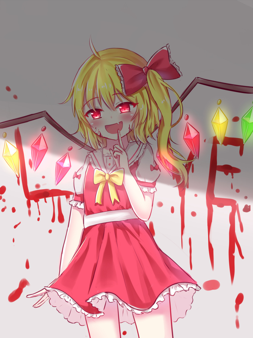 1girl absurdres ahoge blonde_hair blood blood_writing blush bow bowtie collared_shirt cowboy_shot crystal english_text fang finger_to_mouth flandre_scarlet frilled_bow frilled_shirt_collar frilled_skirt frills glowing glowing_eyes glowing_wings grey_background hair_bow hanen_(borry) highres large_bow long_hair multicolored_wings no_headwear one_side_up open_mouth puffy_short_sleeves puffy_sleeves red_eyes red_ribbon red_skirt red_vest ribbon shirt short_sleeves simple_background skin_fang skirt sleeve_ribbon solo touhou vest white_shirt wings yellow_bow yellow_bowtie