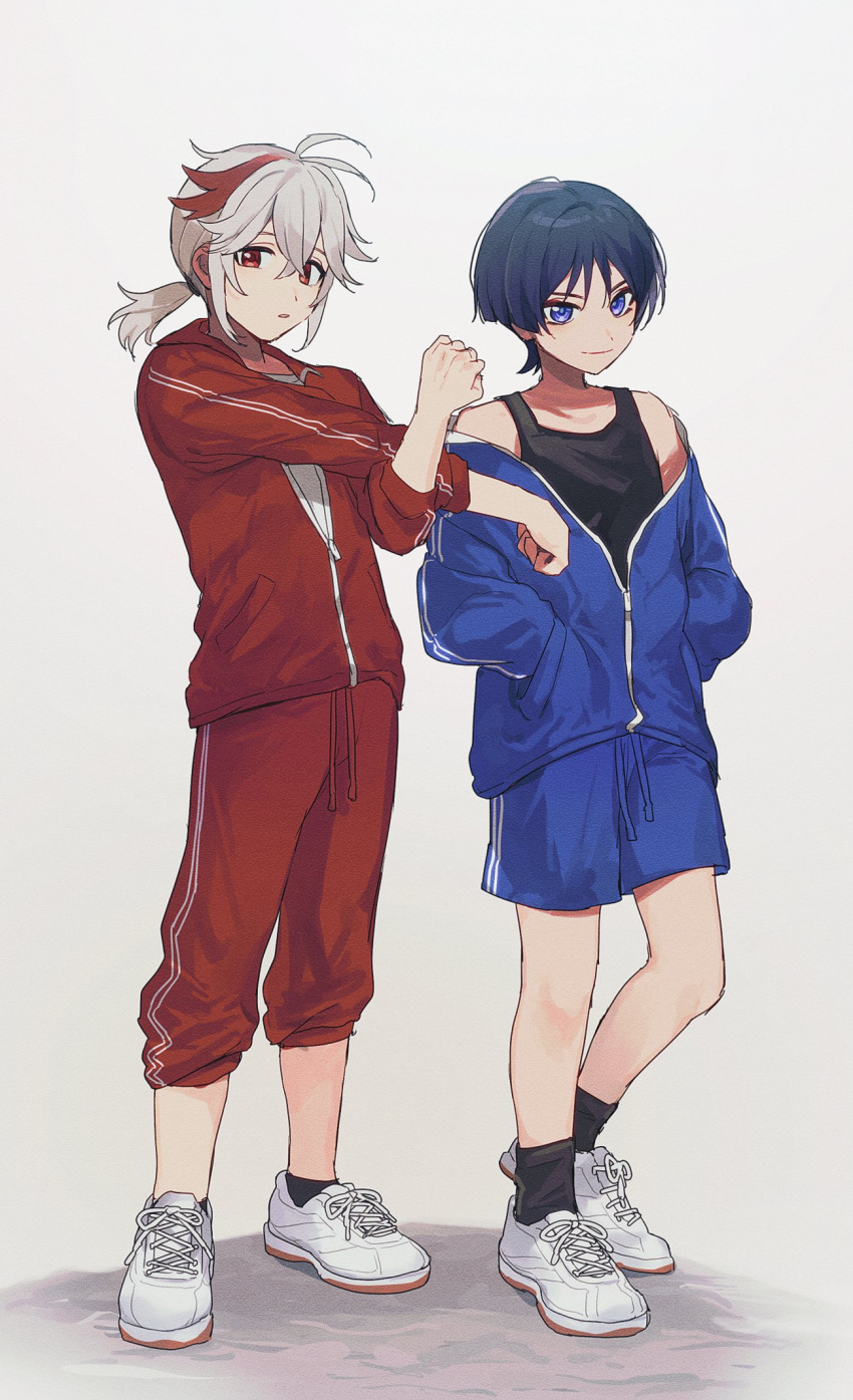 2boys alternate_costume black_hair black_socks blue_jacket blue_shorts closed_mouth cross-body_stretch full_body genshin_impact grey_background grey_hair gym_uniform hair_between_eyes hands_in_pockets highres jacket kaedehara_kazuha long_sleeves looking_at_viewer male_focus multicolored_hair multiple_boys off_shoulder oshi_taberu pants parted_lips ponytail red_eyes red_jacket red_pants redhead scaramouche_(genshin_impact) shoes shorts simple_background sneakers socks standing streaked_hair stretching tank_top track_jacket white_footwear