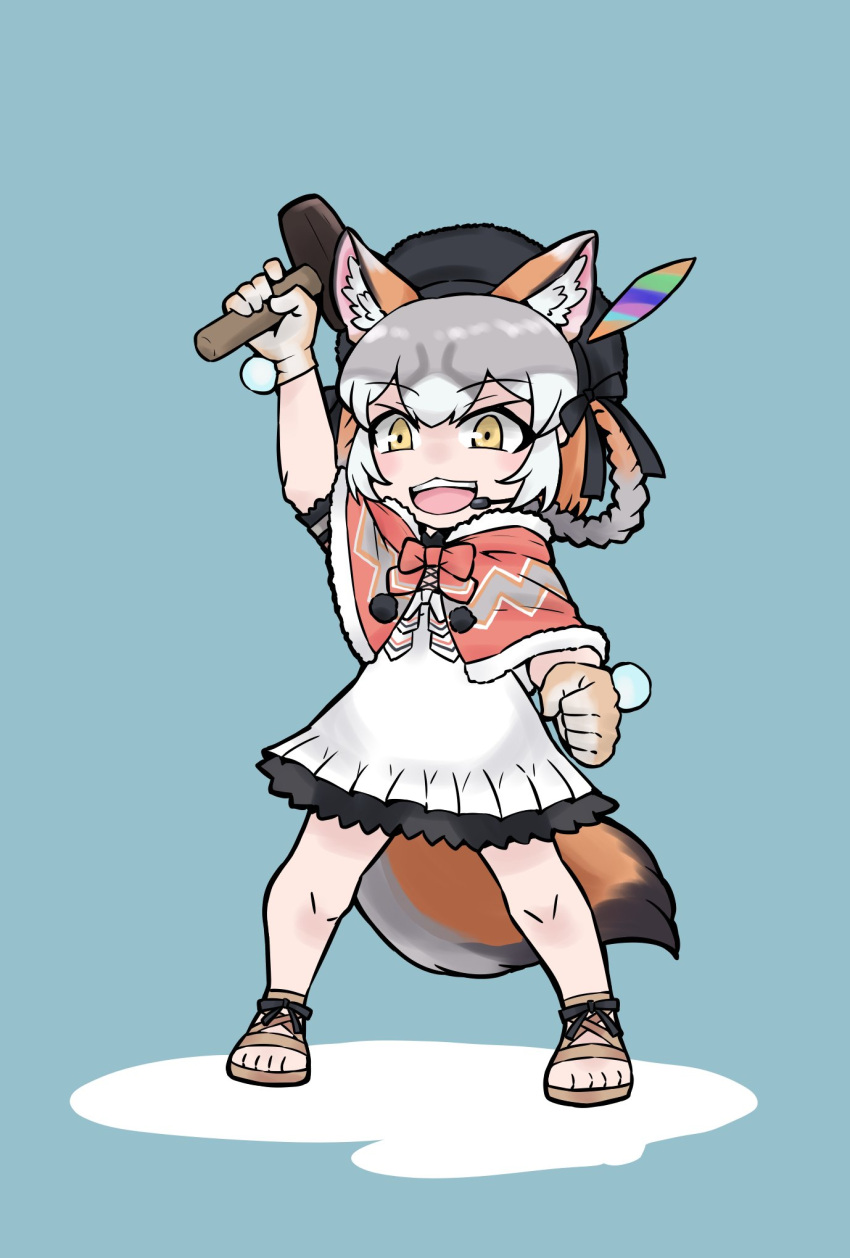 1girl animal_ears blue_background cape dress extra_ears fox_ears fox_girl fox_tail gloves gravi_pig4891 grey_hair hat hat_feather highres island_fox_(kemono_friends) kemono_friends kemono_friends_v_project long_hair looking_at_viewer multicolored_hair orange_hair ribbon sandals simple_background solo sundress tail two-tone_hair virtual_youtuber yellow_eyes