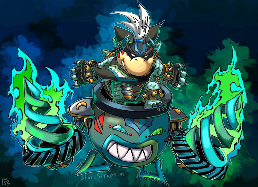 alternate_color alternate_costume alternate_eye_color alternate_hair_color armor aura bandana black_bandana black_neckerchief blue_eyes bowser_jr. claws commentary company_connection corruption crescent crossover dark_persona drill english_commentary evil_grin evil_smile facial_tattoo fierce_deity floating glowing glowing_weapon green_eyes grin highres horns junior_clown_car koopa_clown_car looking_at_viewer mismatched_sclera neckerchief no_pupils outstretched_arms ponytail possessed sharp smile spiked_shell spikes standing standing_on_one_leg stoic_seraphim super_mario_bros. super_mario_sunshine super_smash_bros. tattoo the_legend_of_zelda the_legend_of_zelda:_majora's_mask triangle weapon white_eyes white_hair wrist_guards