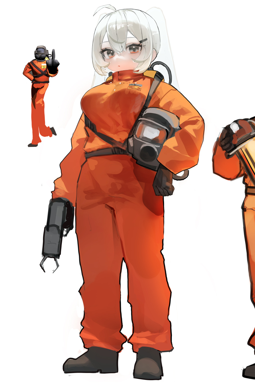 1girl 2others absurdres ahoge black_gloves bodysuit breasts closed_mouth commentary_request expressionless full_body gloves grey_eyes grey_hair hair_between_eyes hazmat_suit helmet highres holding holding_helmet korean_commentary lethal_company long_sleeves looking_at_viewer medium_breasts middle_finger multiple_others orange_bodysuit oxygen_mask oxygen_tank sidelocks simple_background standing twintails white_background worker_(lethal_company) yonchan