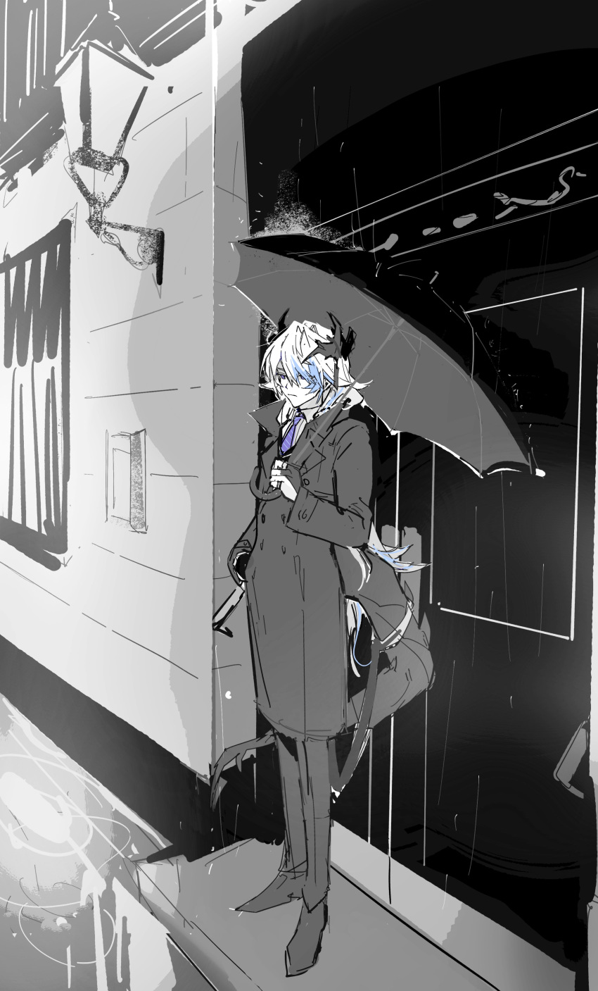 1boy :| absurdres arknights blue_hair building closed_mouth coat collared_shirt door dragon_boy dragon_horns dragon_tail expressionless fingerless_gloves full_body gloves greyscale hand_in_pocket highres holding holding_umbrella horns kaninn long_hair male_focus monochrome multicolored_hair necktie pants purple_necktie puzzle_(arknights) rain shirt shoes sketch solo spot_color standing streaked_hair tail trench_coat umbrella violet_eyes white_hair