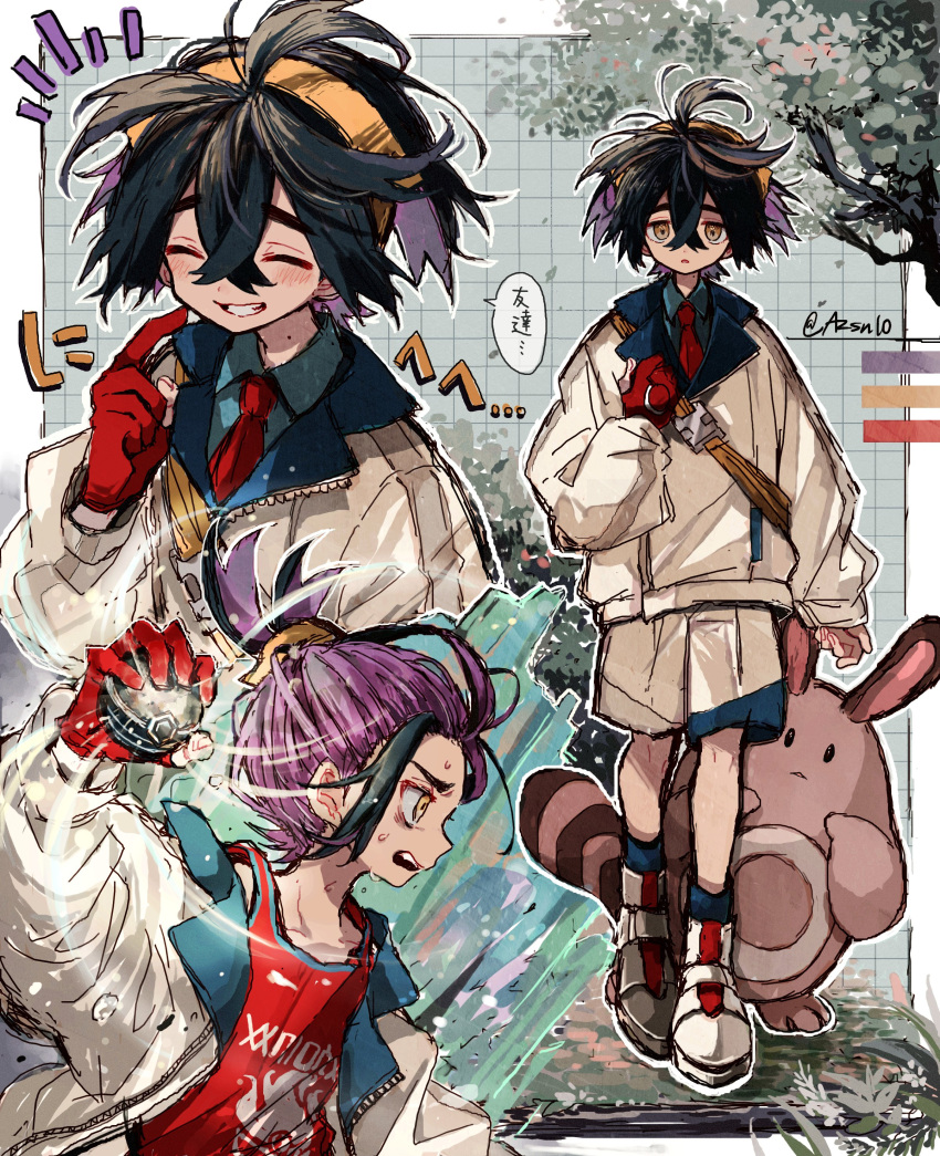 1boy absurdres azzz_(7334080) black_hair blush closed_eyes crossed_bangs gloves grin hair_between_eyes highres holding jacket kieran_(pokemon) long_sleeves male_focus mole mole_on_neck multicolored_hair multiple_views open_clothes open_jacket open_mouth partially_fingerless_gloves pokemon pokemon_(creature) pokemon_sv purple_hair red_gloves sentret shirt shoes shorts single_glove smile sweat tank_top twitter_username white_jacket