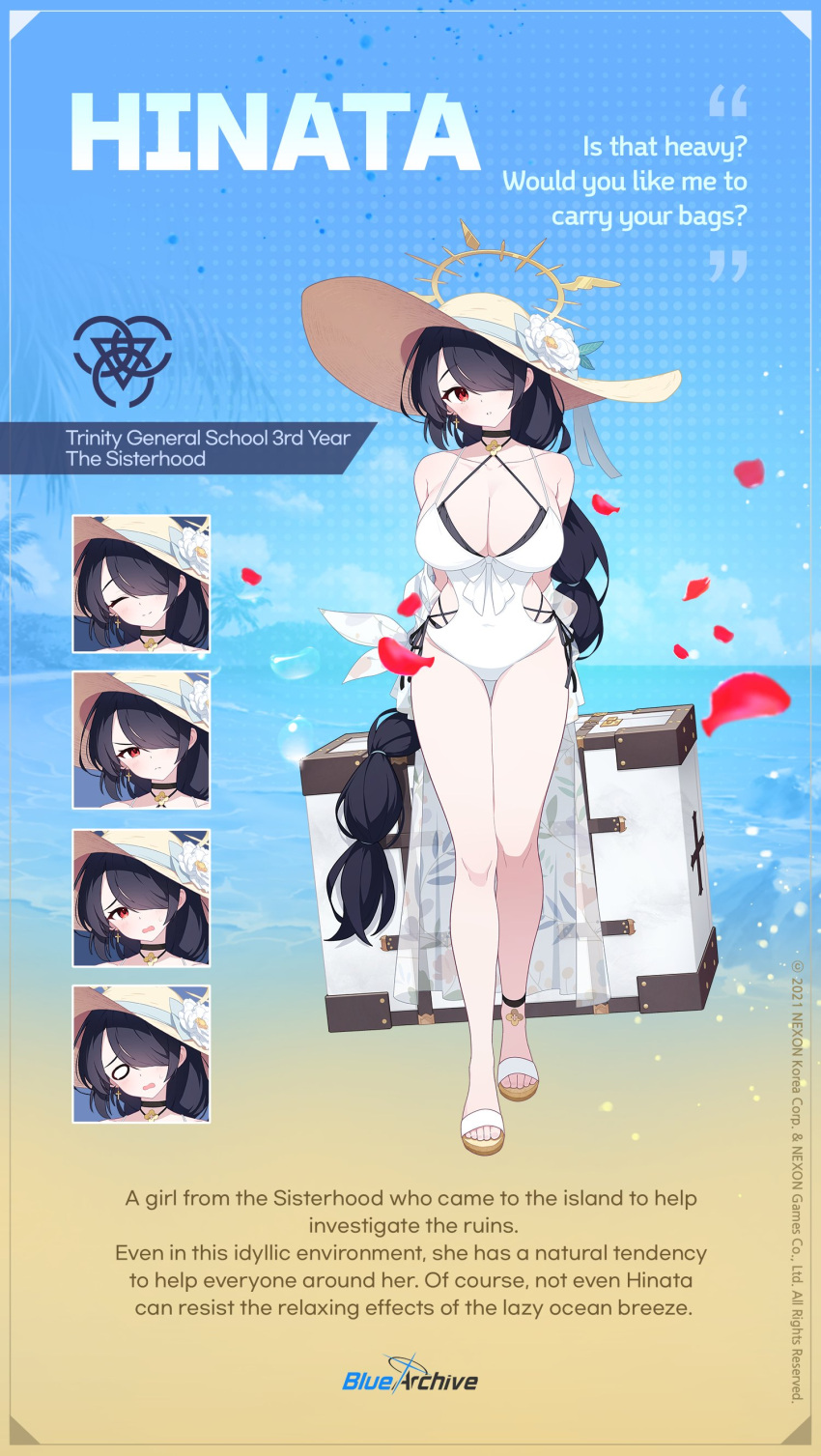absurdres bare_shoulders black_bra black_choker black_hair blue_archive bra braid braided_ponytail choker criss-cross_halter double_bikini english_commentary english_text expressions flower hair_over_one_eye halo halterneck hat hat_flower highres hinata_(blue_archive) hinata_(swimsuit)_(blue_archive) layered_swimsuit long_hair official_alternate_costume official_art one-piece_swimsuit sun_hat swimsuit underwear very_long_hair white_one-piece_swimsuit white_swimsuit yellow_halo